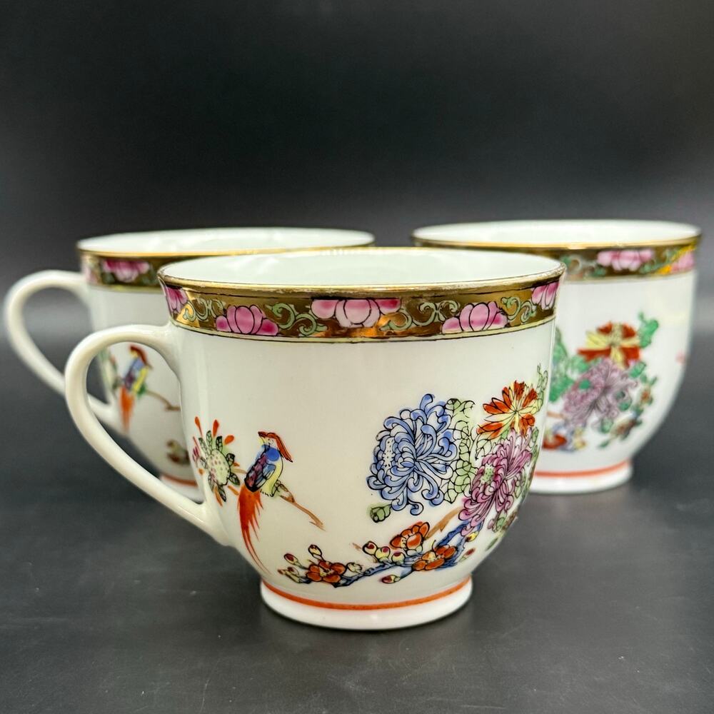 Vintage Rose Canton Famille Rose Zhongguo Zhi Zao Chinese Porcelain Teacups